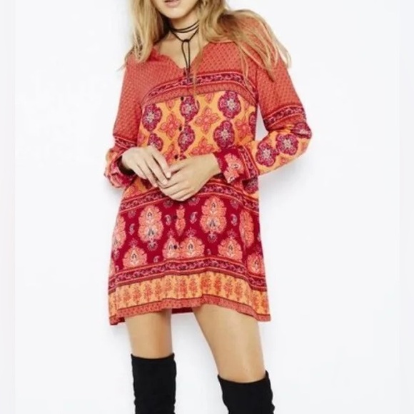 MINKPINK Folktale Smock Dress Boho Multicolor Mixed Print Button Front - Picture 7 of 10